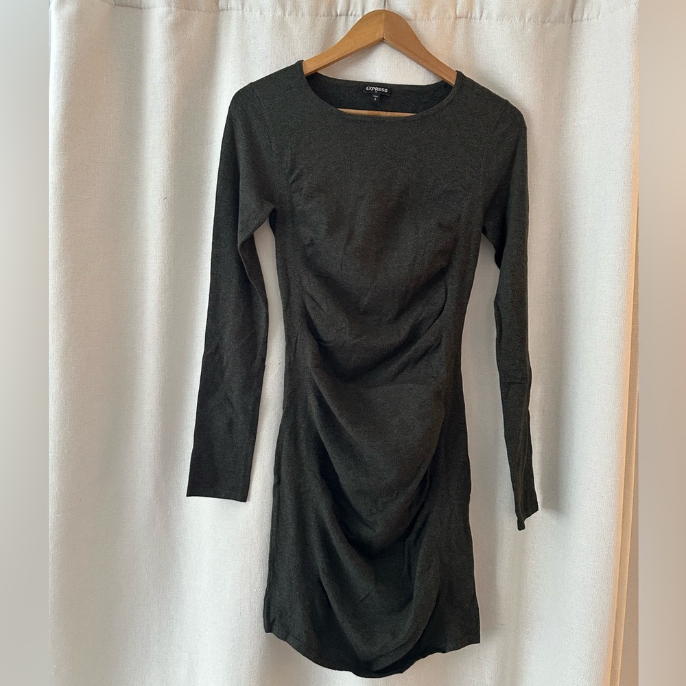 Express Ruched Long Sleeve Bodycon Mini Sweater Dress - Dark Heathered Green